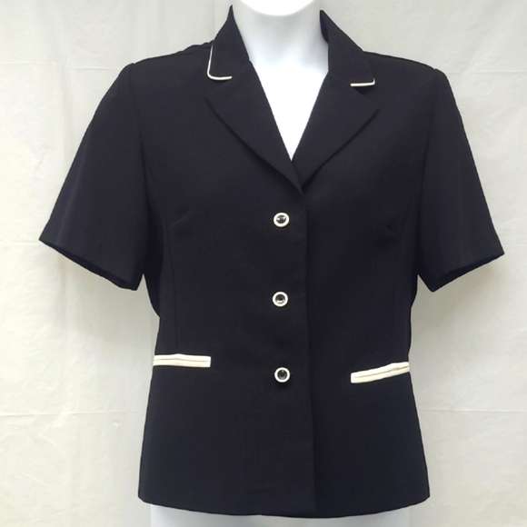 Studio I Black Short Sleeve Blazer Jacket Size 12 White Trim Tailored Pockets - Picture 1 of 6